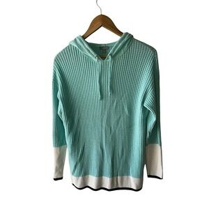 talbots Size M Green Cream Blue Textured Knit Lambs Wool Blend Hooded Sweater